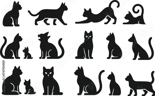 Cat Silhouette Solid Black Vector Icon Set Collection on White Background