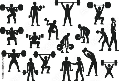 Lifting Weights Silhouette Solid Black Vector Icon Set Collection on White Background