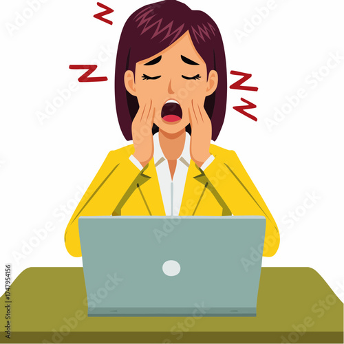 Exhausted businesswoman yawning profoundly while working on laptop, suffering from fatigue and sleep deprivation at her desk