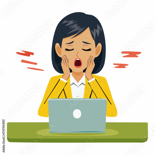 Exhausted businesswoman yawning at her desk, a depiction of workplace burnout and fatigue