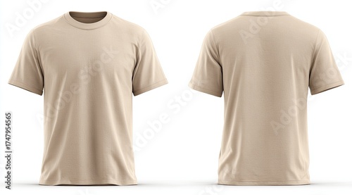 Plain beige short-sleeved crew neck t-shirt, front and back views on white background