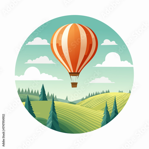Hot air balloon soaring over a picturesque landscape with rolling hills and trees