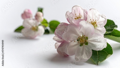 apple blossom cluster off center on white ample copy space delicate detail minimal floral layout