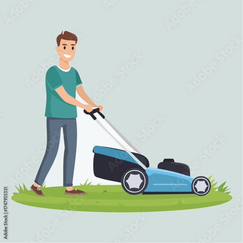 Man Mowing Lawn Home Maintenance and Yard Care Illustration