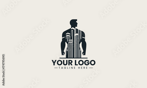 Powerful black vector logo illustration of a muscular strong male figure containing a modern cityscape for urban branding