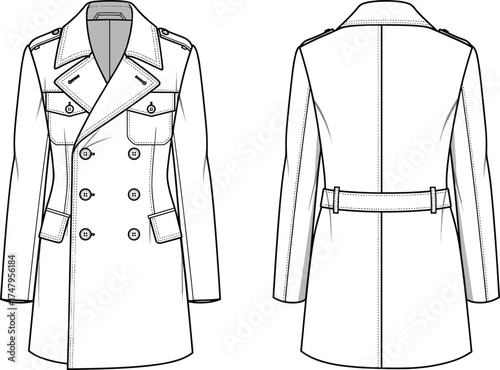 CAD Drawing Flat Vector Illustration, Double-Breasted Trench Coat Front and Back View, Epaulets, Belt Detail, Flap Pockets, Garment Sketch