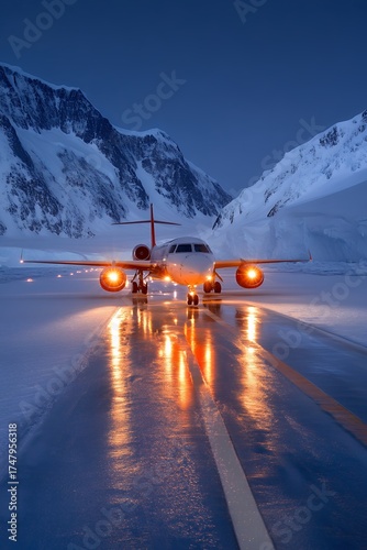 A passenger plane taxis on a snowy runway at twilight, surrounded by majestic Antarctic mountains