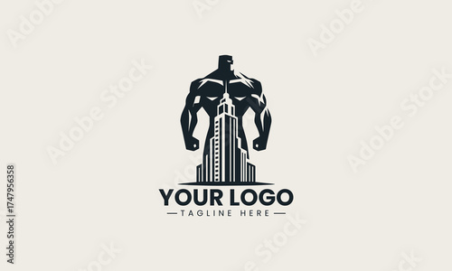 Powerful black vector logo illustration of a muscular strong male figure containing a modern cityscape for urban branding