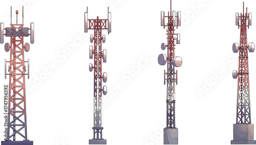 Telecommunication towers vector illustration showing cell signal antennas and network transmitters, modern communication technology infrastructure for mobile, internet, and broadcasting design.