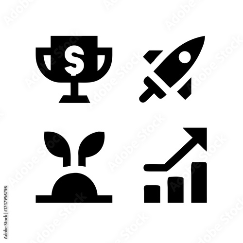 Icon set depicting business startup, growth, and success