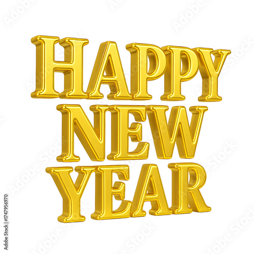 Happy New Year 3D golden text on transparent background PNG