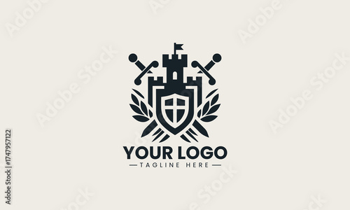 Powerful black vector logo illustration of a medieval castle crest featuring crossed swords and a shield for security branding