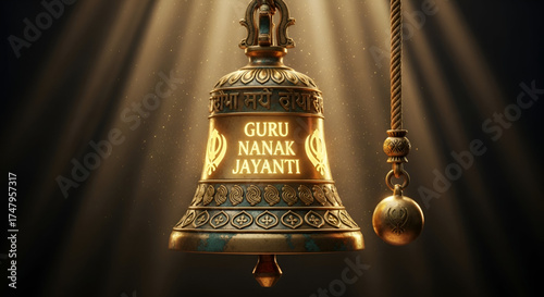 ​A Happy Guru Nanak Jayanti Design With A Luminous Golden Bell And Glowing Rays Of Light