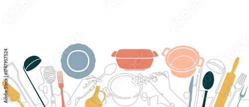 Cooking. Continuous line drawing style of kitchen utensils. Culinary background. 