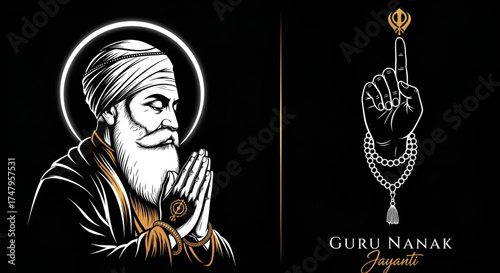 A Happy Guru Nanak Jayanti Illustration With A Portrait And Symbolic Hand Gesture On A Dark Background
