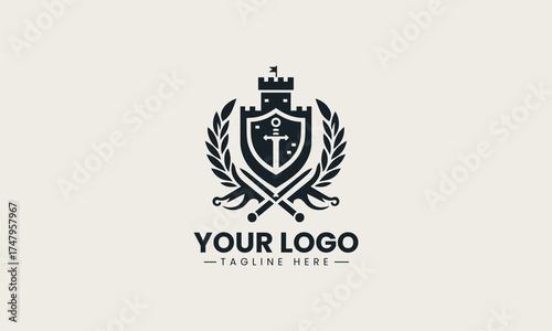 Powerful black vector logo illustration of a medieval castle crest featuring crossed swords and a shield for security branding