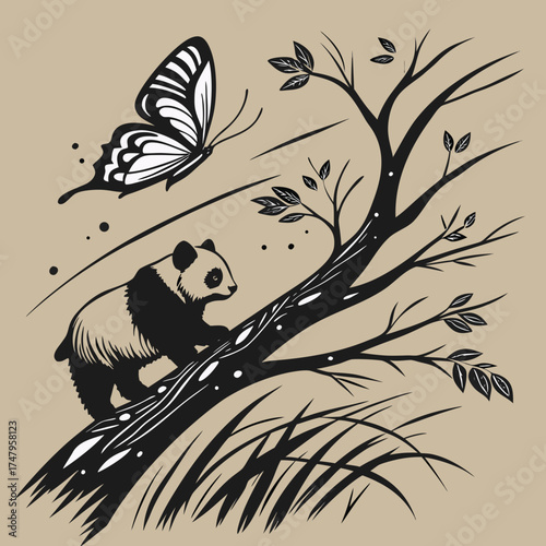 Vector tattoo design of panda, tree, and bird silhouettes for a nature symbol logo
