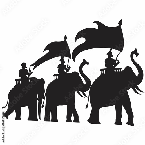 Silhouette of three elephants carrying riders and flags in a procession on a white background image