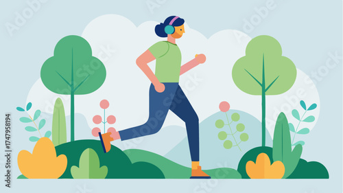 An active lifestyle representation of a person jogging through a park wearing fitness gear and wireless headphones surrounded by trees and flowers.