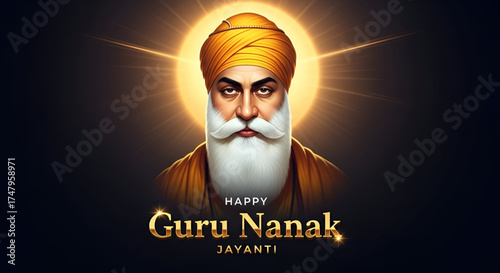 ​A Happy Guru Nanak Jayanti Greeting With A Golden Portrait And A Luminous Halo On A Dark Background
