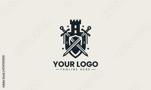 Powerful black vector logo illustration of a medieval castle crest featuring crossed swords and a shield for security branding