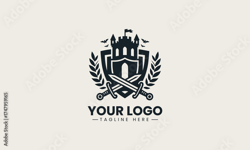 Powerful black vector logo illustration of a medieval castle crest featuring crossed swords and a shield for security branding