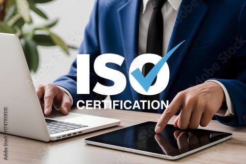 A person working on a laptop and a tablet with ISO certification logo in front. The image conveys the message of quality assurance, standard compliance and business success