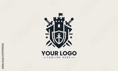 Powerful black vector logo illustration of a medieval castle crest featuring crossed swords and a shield for security branding