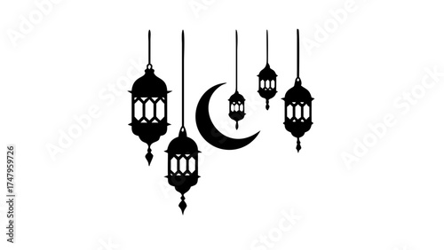 Silhouette of hanging lanterns and a crescent moon against a white background creating a festive scene