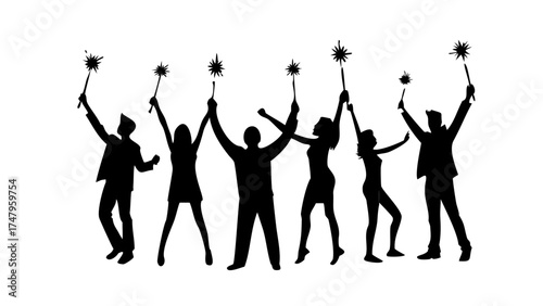 Silhouette of people celebrating with sparklers in a festive and joyous atmosphere on a white background