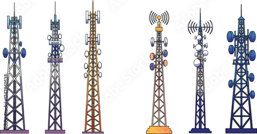 Set of telecommunication towers with antennas and transmitters, modern vector illustration showing wireless network technology, mobile communication, and signal infrastructure.