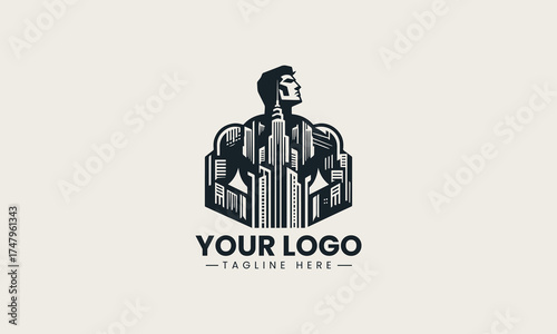 Powerful black vector logo illustration of a muscular strong male figure containing a modern cityscape for urban branding
