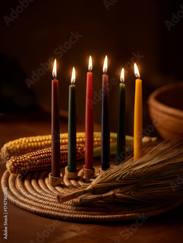Close-up of a Kinara with candles and decor for Kwanzaa