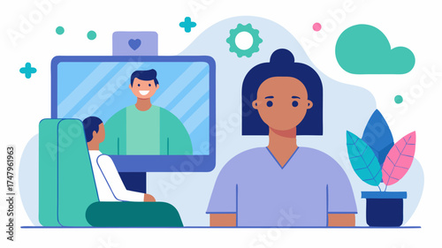 A patient receiving counseling via a video call with emotional support elements like calming colors and icons representing mental health.