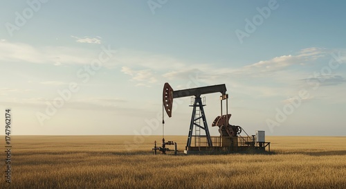 Oil pumpjack in rural field under sky