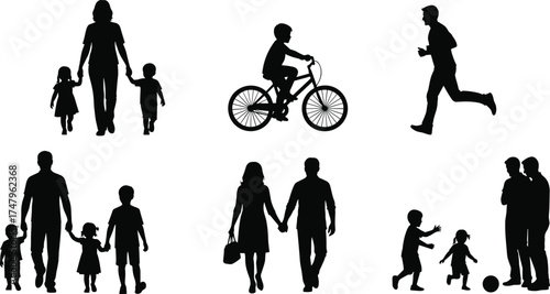 Family activity silhouettes, walking, playing, cycling, running, parenting moments, children interaction, outdoor lifestyle, black icons, flat vector illustration