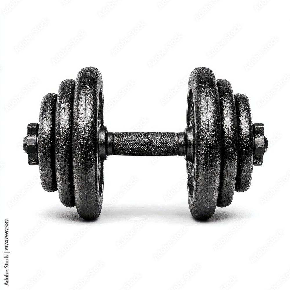 Fototapeta premium A pair of black adjustable dumbbells, centered against a white background. Each end features stacked weighted plates, secured by a black barbell shaft. The shaft is wrapped with a textured grip