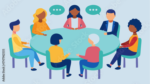 A round table discussion with stylized characters of various ethnic backgrounds exchanging ideas depicted with speech bubbles to show communication and collaboration.