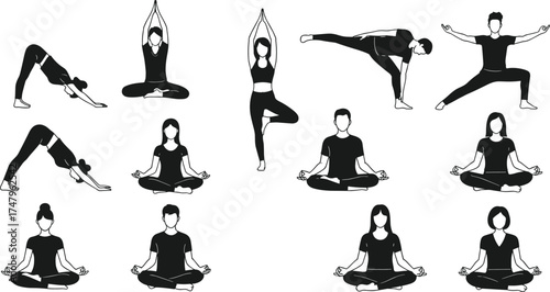 Yoga poses collection, flat vector illustration, meditation exercise, healthy lifestyle, fitness workout, wellness activity, stretching routine, body balance, calm mind
