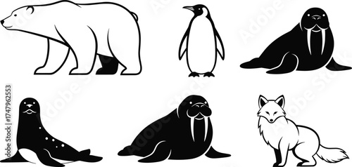 Arctic animal silhouettes, polar bear vector, penguin clipart, walrus illustration, seal graphic, fox icon, cold region wildlife, flat vector illustration