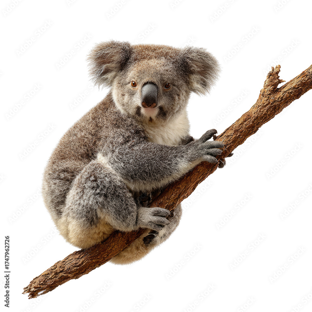 Fototapeta premium A fluffy koala sits perched on a tree branch, looking directly forward with its distinctive black nose and large ears. background removed