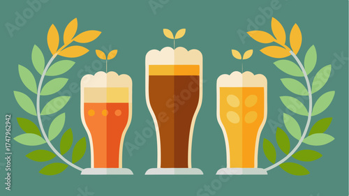 A vertical arrangement of different beer glasses each filled with a varying beverage color and foam level bordered by decorative vines.