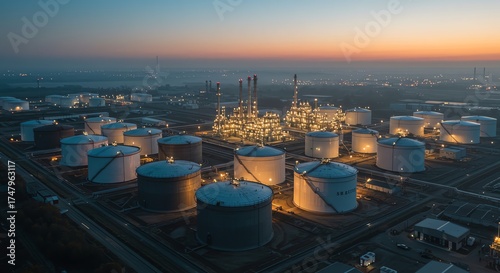 Oil refinery complex at dusk with storage tanks