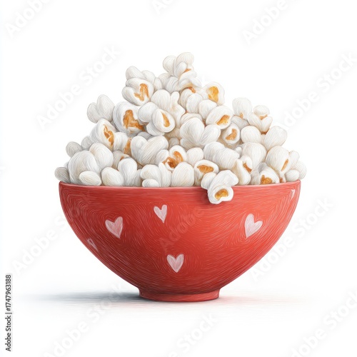A pile of popcorn in a red bowl with hearts