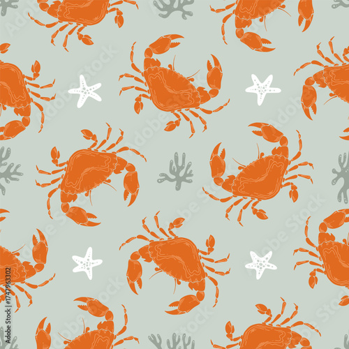 Orange Crab or crayfish Seamless Pattern with starfish and coral on Green Background. Vintage coastal print with retro seafood illustrations. Perfect for marine designs, summer and seaside packaging