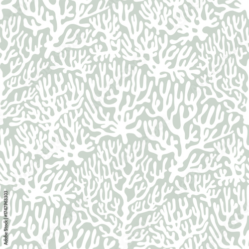 White Coral reef Seamless Sea Pattern on Green Background. Vintage coastal Minimalistic Print with Coral branches. Underwater sea life, coral and algae pastel Green.