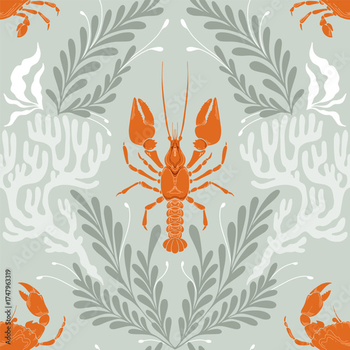 Lobster Seamless Pattern with Seaweed on Green Background. Vintage coastal print with retro seafood illustrations and ocean life. Perfect for marine designs, summer packaging, seaside decor