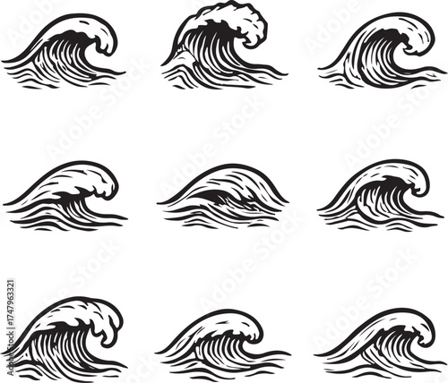 Dynamic set of stylized ocean wave illustrations perfect for nautical themes, coastal decor, or marine-inspired designs, ideal for summer projects