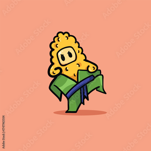 Cute corn mascot character wearing a green taekwondo uniform with a blue belt performing a high kick.