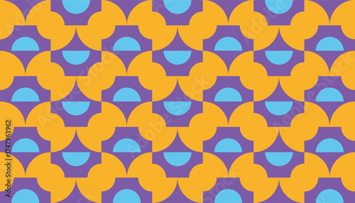 Vibrant geometric seamless pattern featuring semicircle and trapezoid shapes in purple, orange, and blue. The bold color contrast and rhythmic repetition create a playful retro aesthetic.